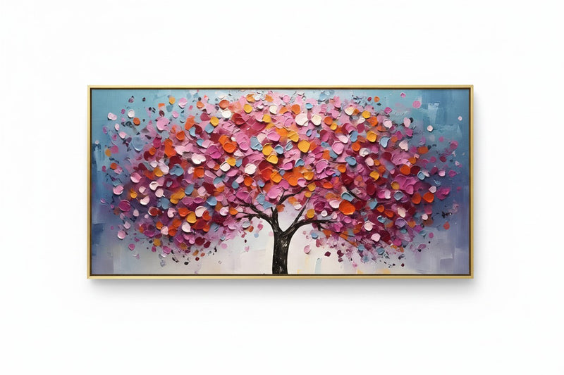 A framed horizontal canvas painting of a stylized tree with a textured, impasto-style leaf canopy in shades of pink, orange, purple, and blue against a soft blue and gray background.