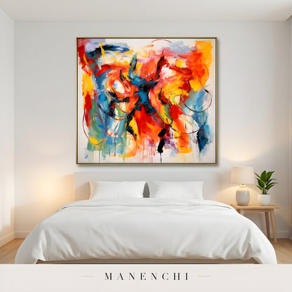 Chromatic Kinetic Pulse abstract painting displayed in bedroom interior scene