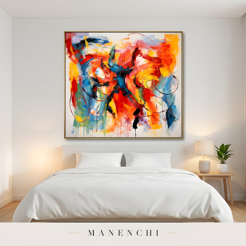 Chromatic Kinetic Pulse abstract painting displayed in bedroom interior scene