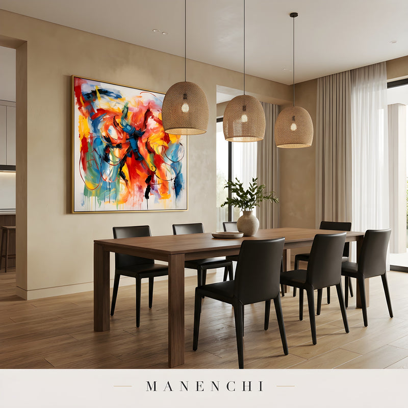 Chromatic Kinetic Pulse abstract painting displayed in dining room interior