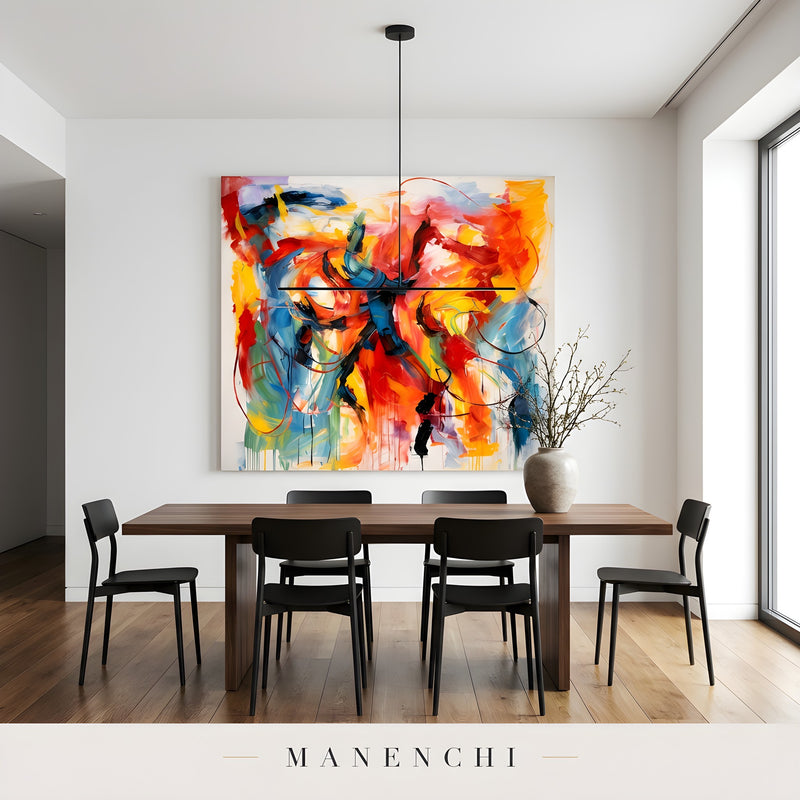 Chromatic Kinetic Pulse abstract painting displayed in dining room table