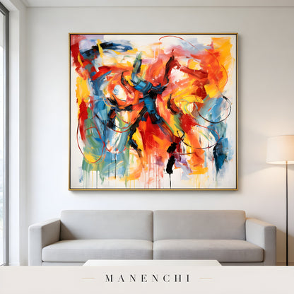 Chromatic Kinetic Pulse abstract painting displayed in living room sofa