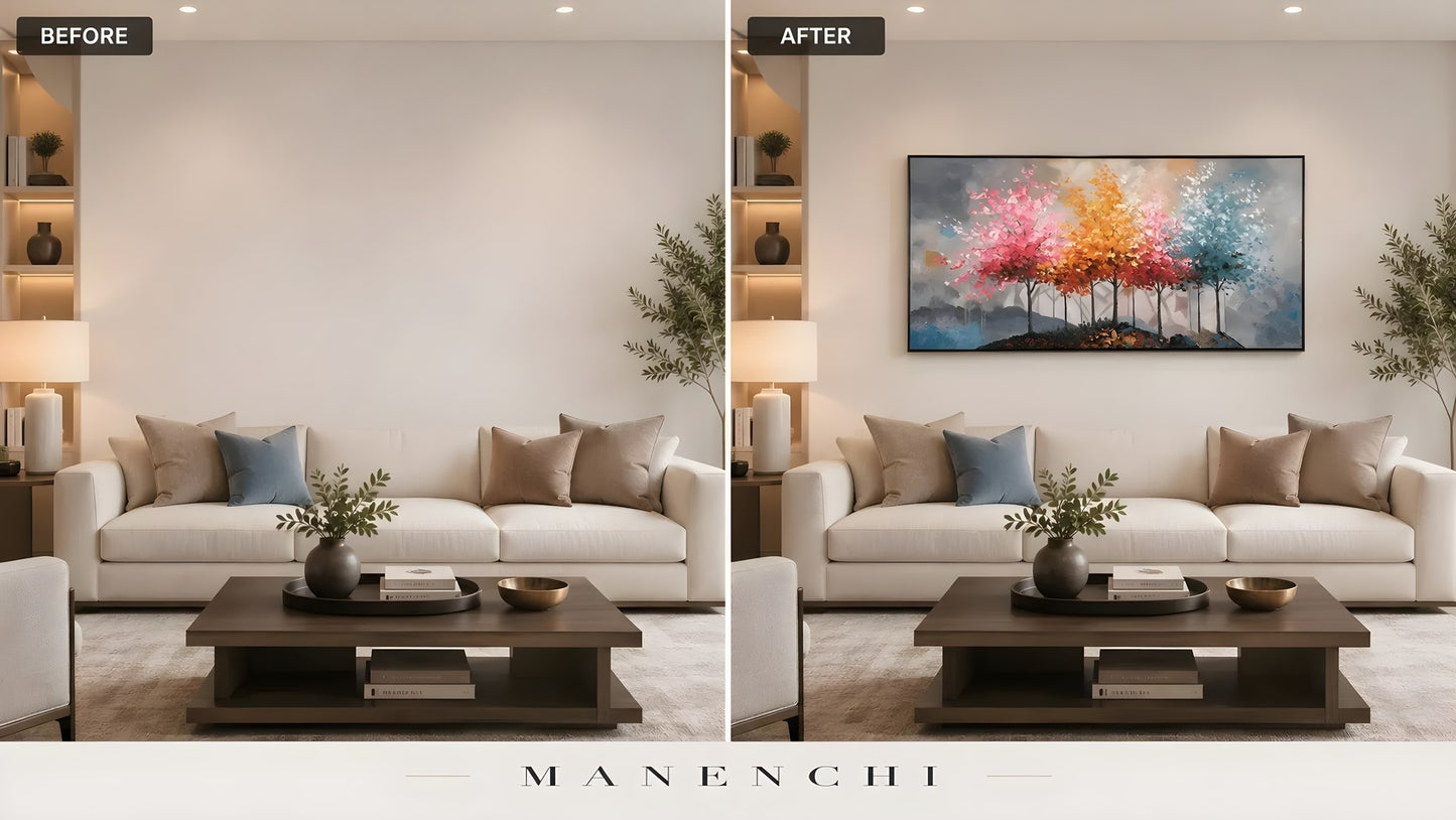 Chromatic Seasonal Reverie original hand-painted abstract painting, before and after in a styled room