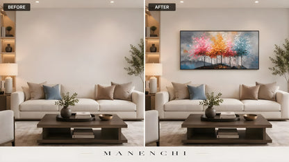 Chromatic Seasonal Reverie original hand-painted abstract painting, before and after in a styled room
