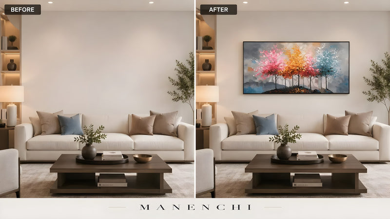Chromatic Seasonal Reverie original hand-painted abstract painting, before and after in a styled room