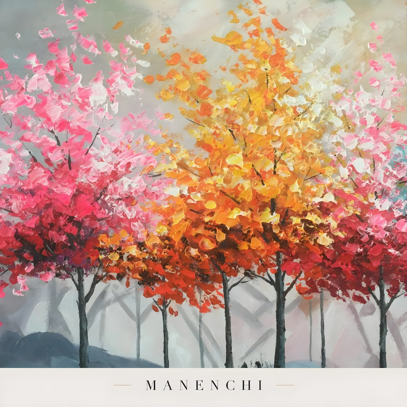 Close-up detail of the textured brushwork in Chromatic Seasonal Reverie