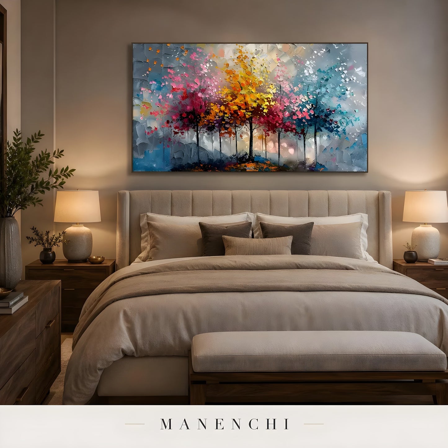 Chromatic Seasonal Reverie abstract painting displayed in cozy bedroom setting