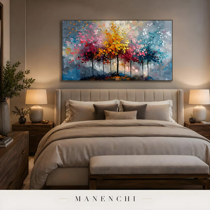 Chromatic Seasonal Reverie abstract painting displayed in cozy bedroom setting