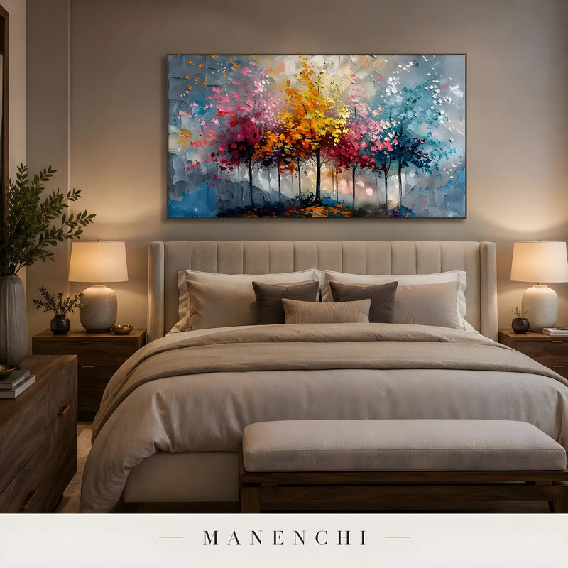 Chromatic Seasonal Reverie abstract painting displayed in cozy bedroom setting