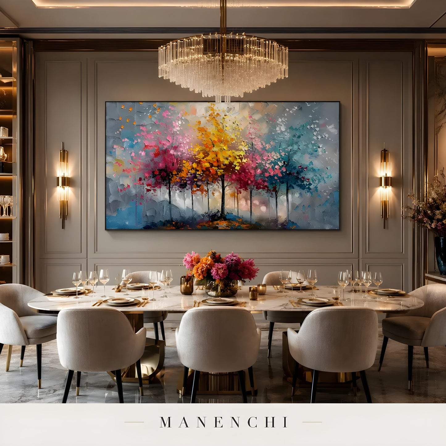 Chromatic Seasonal Reverie abstract painting displayed in elegant dining room interior
