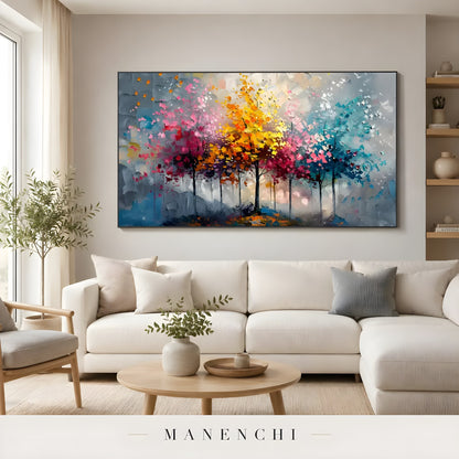 Chromatic Seasonal Reverie abstract painting displayed in living room sofa