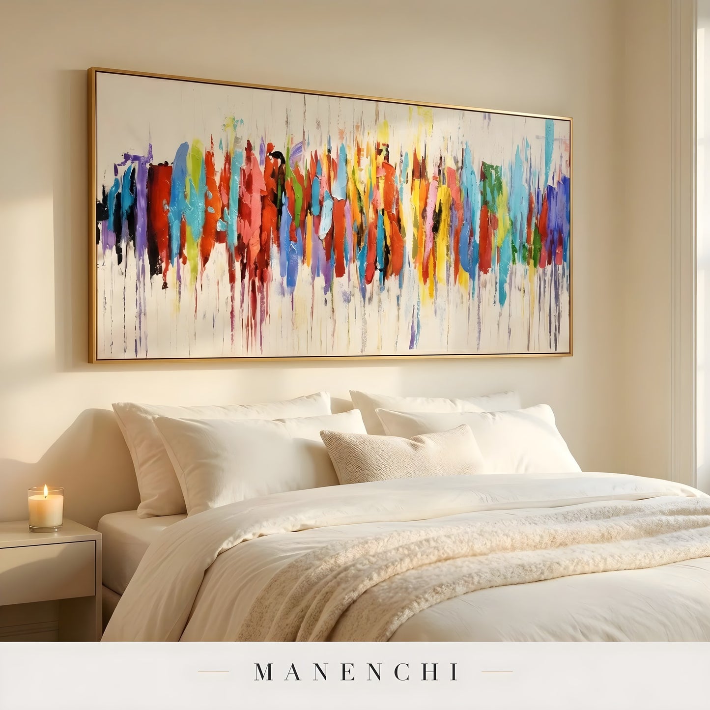 Chromatic Skyline Rhythm abstract painting displayed in cozy bedroom setting