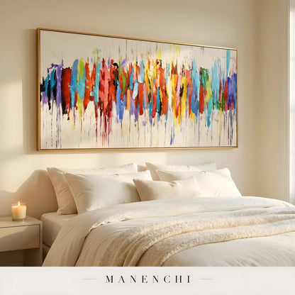 Chromatic Skyline Rhythm abstract painting displayed in cozy bedroom setting