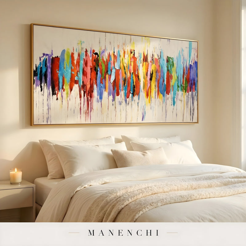 Chromatic Skyline Rhythm abstract painting displayed in cozy bedroom setting
