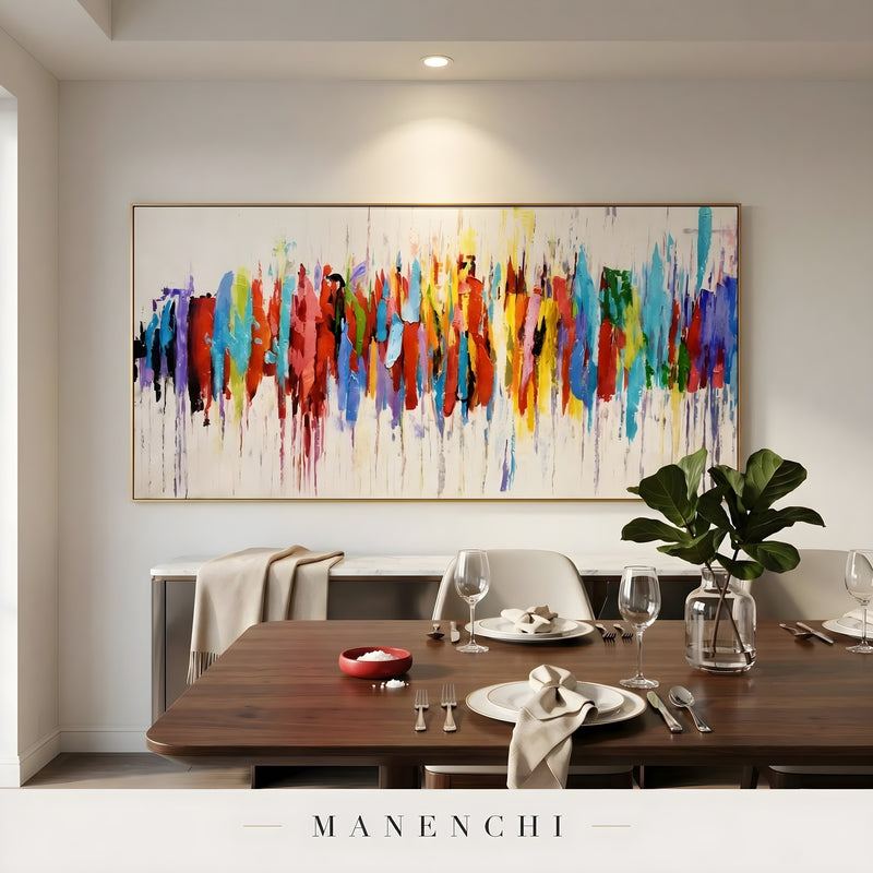 Chromatic Skyline Rhythm abstract painting displayed in dining room table