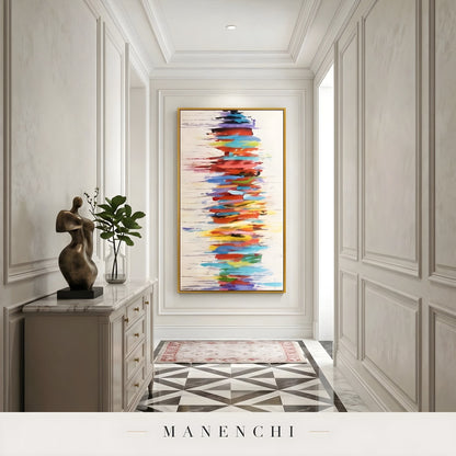 Chromatic Skyline Rhythm abstract painting displayed in elegant hallway entryway