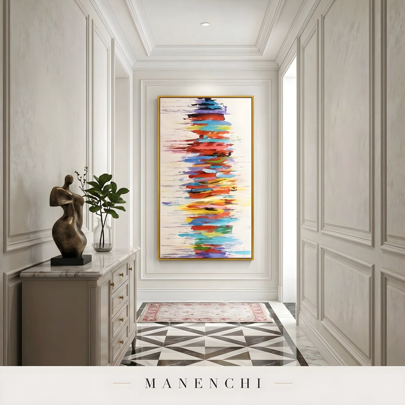 Chromatic Skyline Rhythm abstract painting displayed in elegant hallway entryway