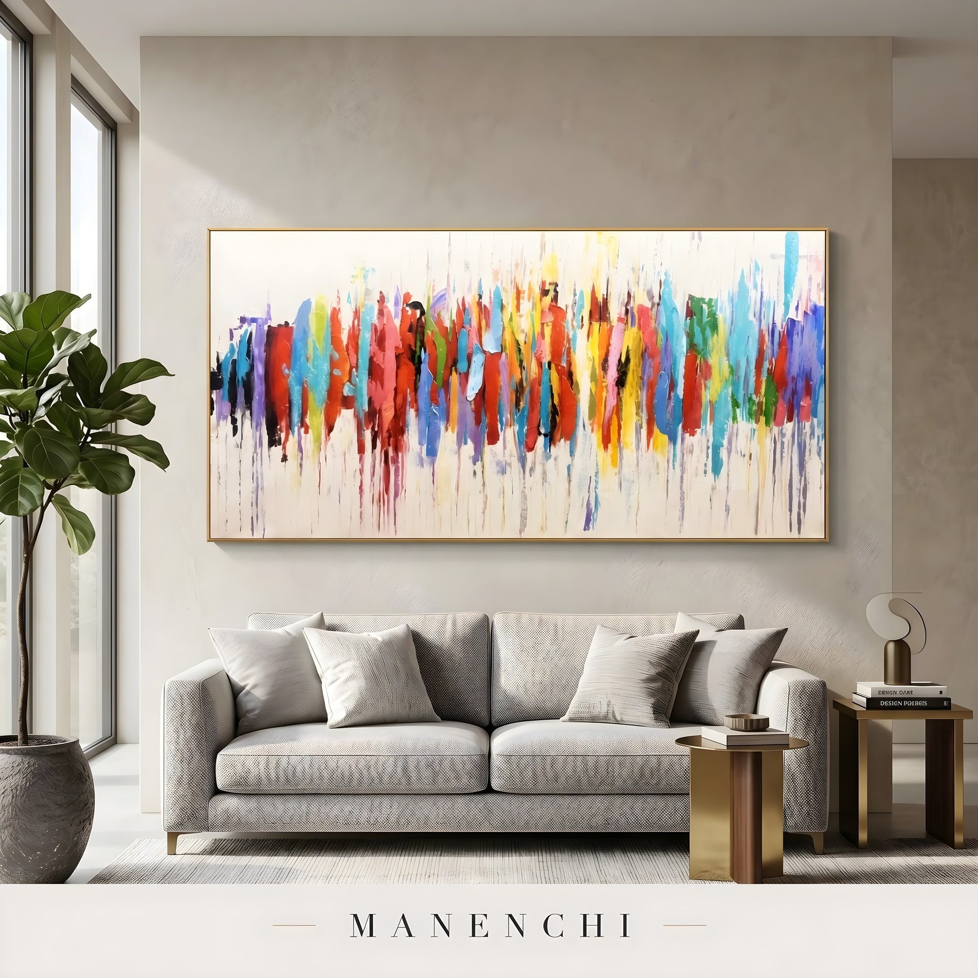 Chromatic Skyline Rhythm abstract painting displayed in living room sofa