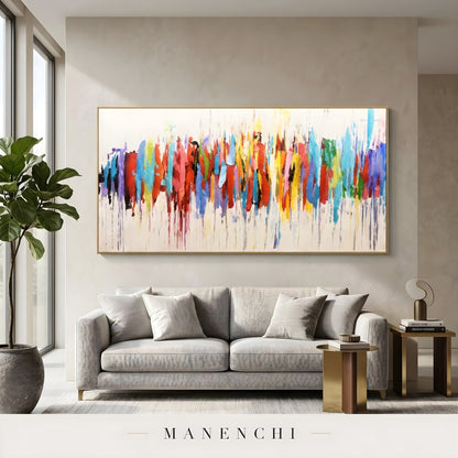 Chromatic Skyline Rhythm abstract painting displayed in living room sofa