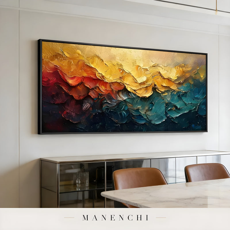 Chromatic Solstice Symphony abstract painting displayed in contemporary dining room interior