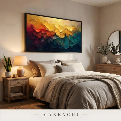 Chromatic Solstice Symphony abstract painting displayed in cozy bedroom wall decor
