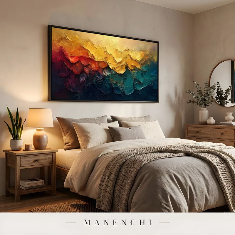Chromatic Solstice Symphony abstract painting displayed in cozy bedroom wall decor