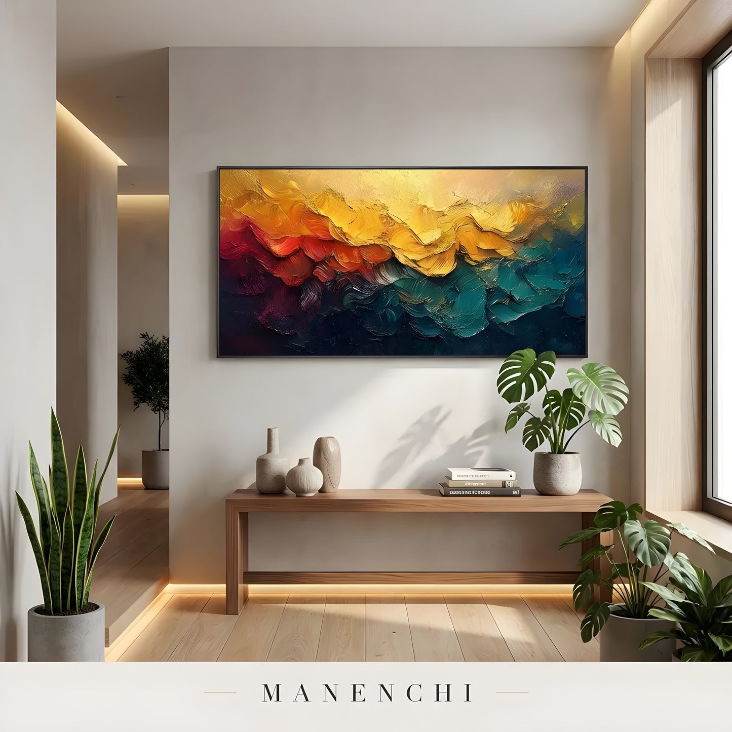 Chromatic Solstice Symphony abstract painting displayed in entryway console table decor