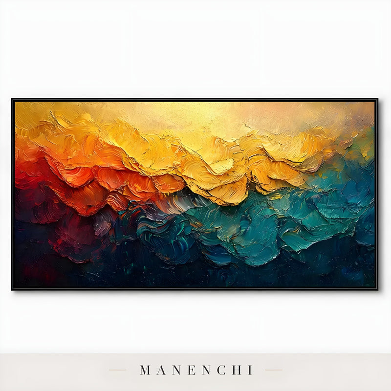 Chromatic Solstice Symphony abstract painting displayed in isolated framed canvas art