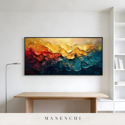 Chromatic Solstice Symphony abstract painting displayed in minimalist office wall art