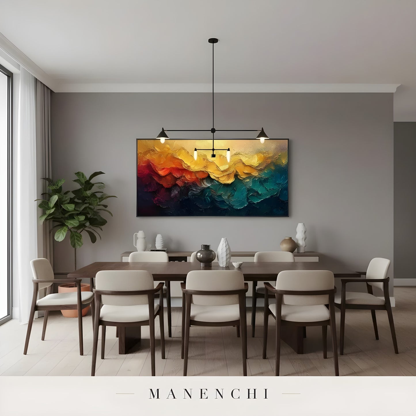 Chromatic Solstice Symphony abstract painting displayed in modern dining room setting