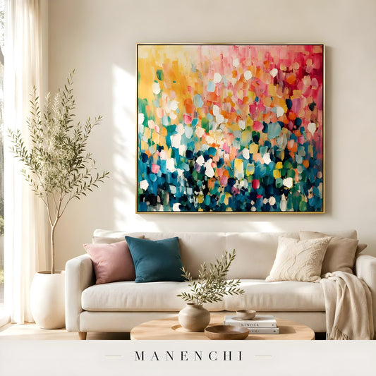 Chromatic Summer Solstice abstract painting displayed in bright living room sofa