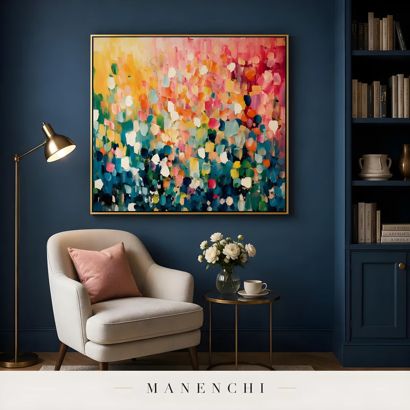 Chromatic Summer Solstice abstract painting displayed in cozy reading nook