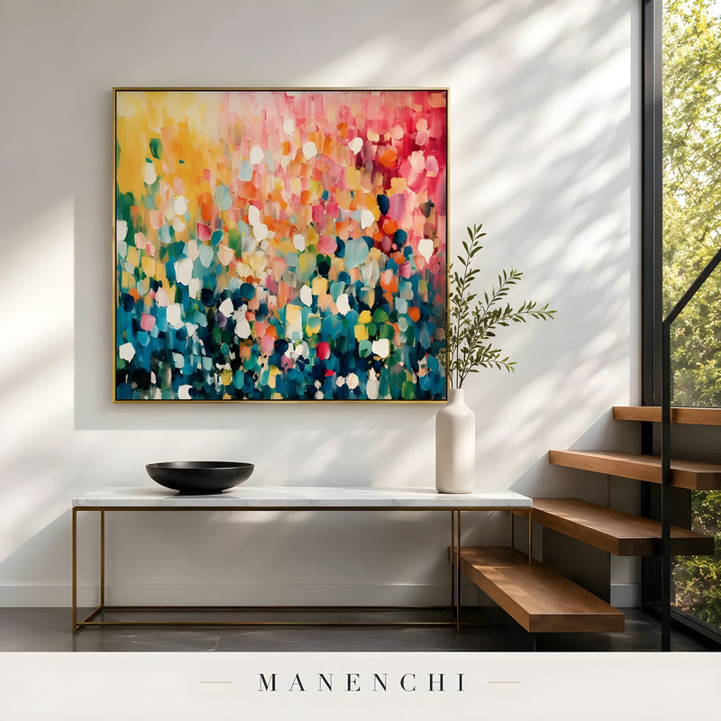 Chromatic Summer Solstice abstract painting displayed in modern entryway decor