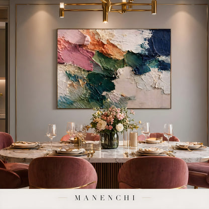 Chromatic Terrain Mosaic abstract painting displayed in dining room painting