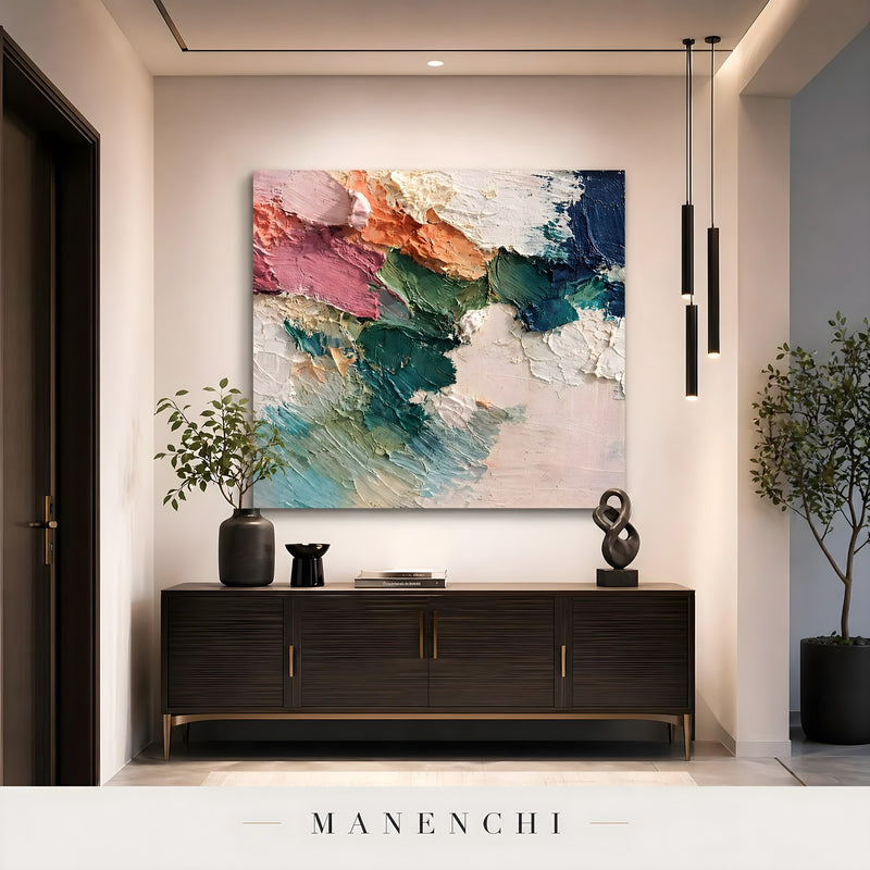 Chromatic Terrain Mosaic abstract painting displayed in entry hallway display