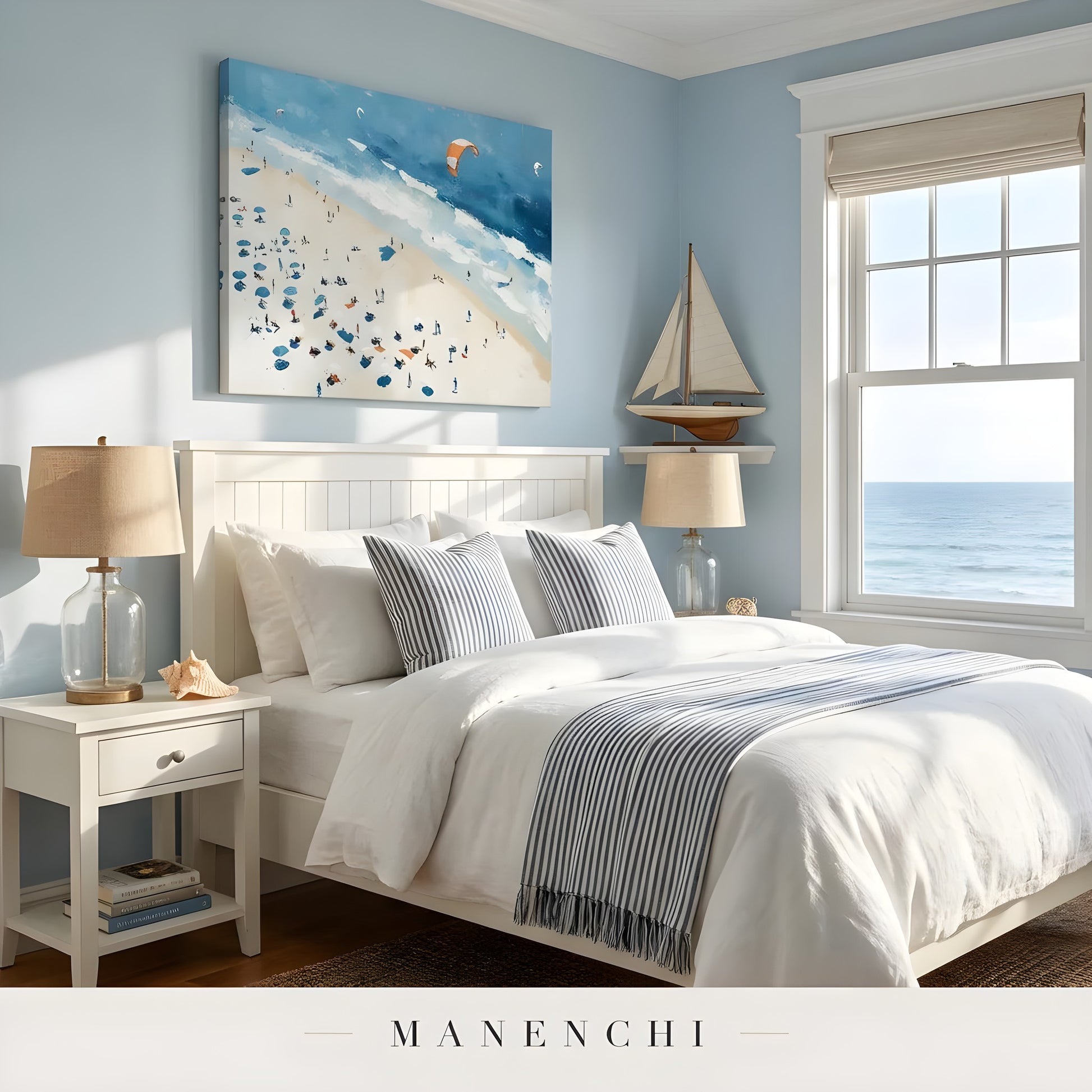 Coastal Aerial Breeze abstract painting displayed in bedroom