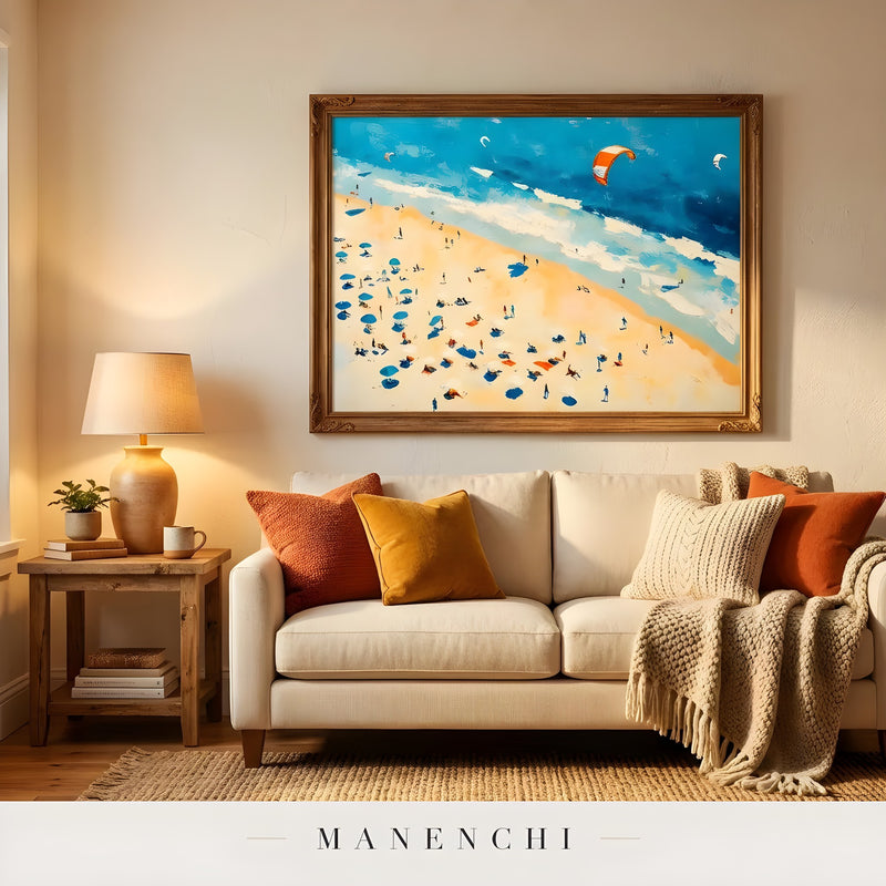 Coastal Aerial Breeze abstract painting displayed in living room gold frame