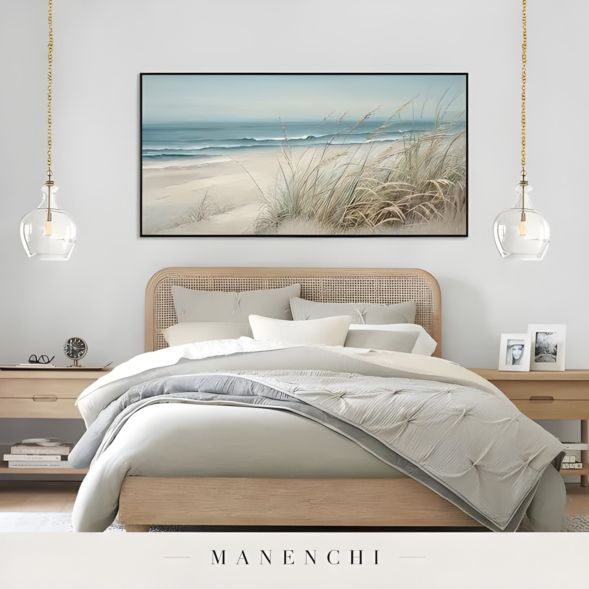 Coastal Grass Serenity abstract painting displayed in bedroom with coastal painting