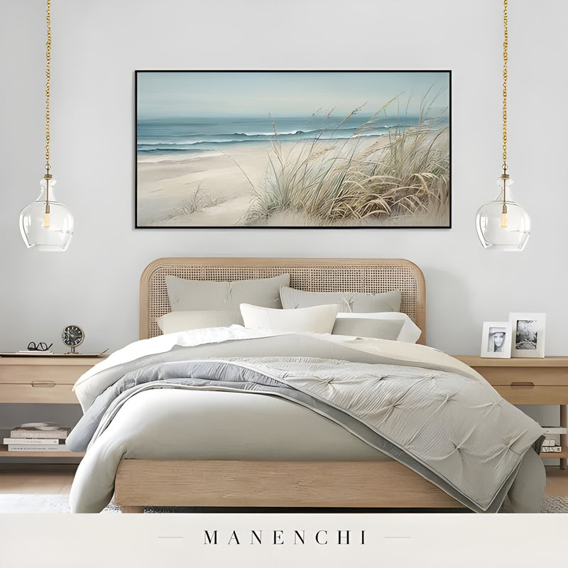 Coastal Grass Serenity abstract painting displayed in bedroom with coastal painting