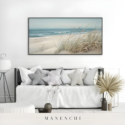 Coastal Grass Serenity abstract painting displayed in living room with coastal painting