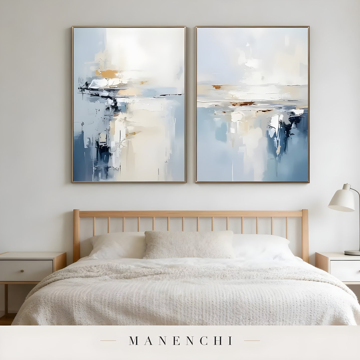 Coastal Horizon Diptych abstract painting displayed in bedroom above bed