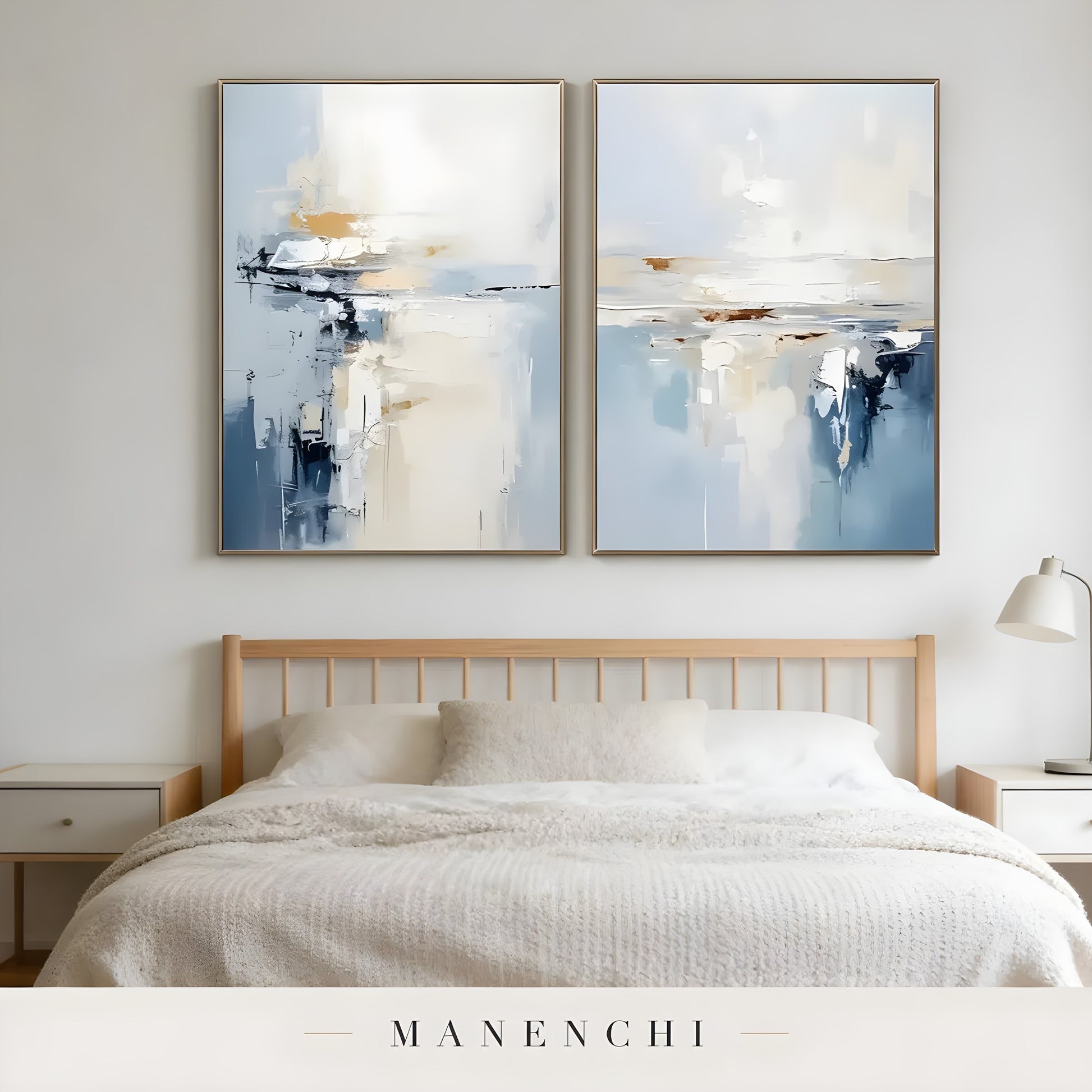 Coastal Horizon Diptych abstract painting displayed in bedroom above bed