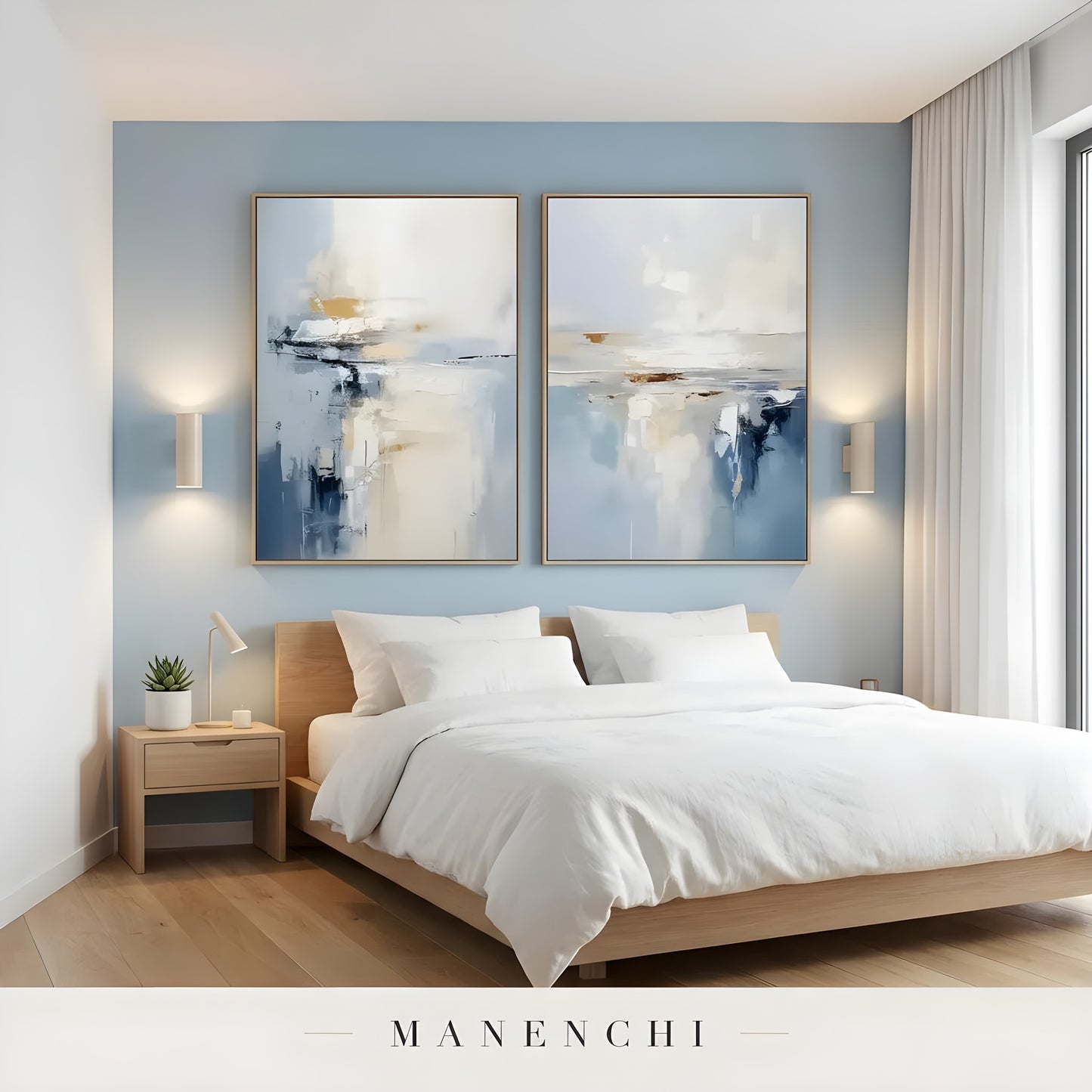 Coastal Horizon Diptych abstract painting displayed in bedroom wall art setup