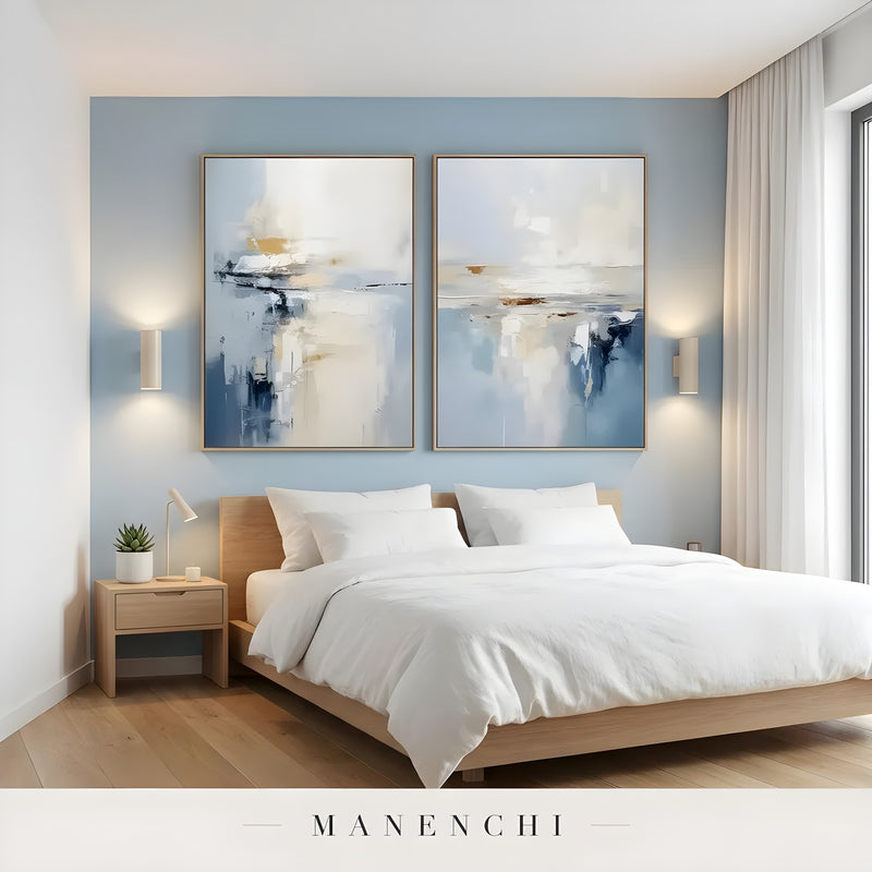 Coastal Horizon Diptych abstract painting displayed in bedroom wall art setup