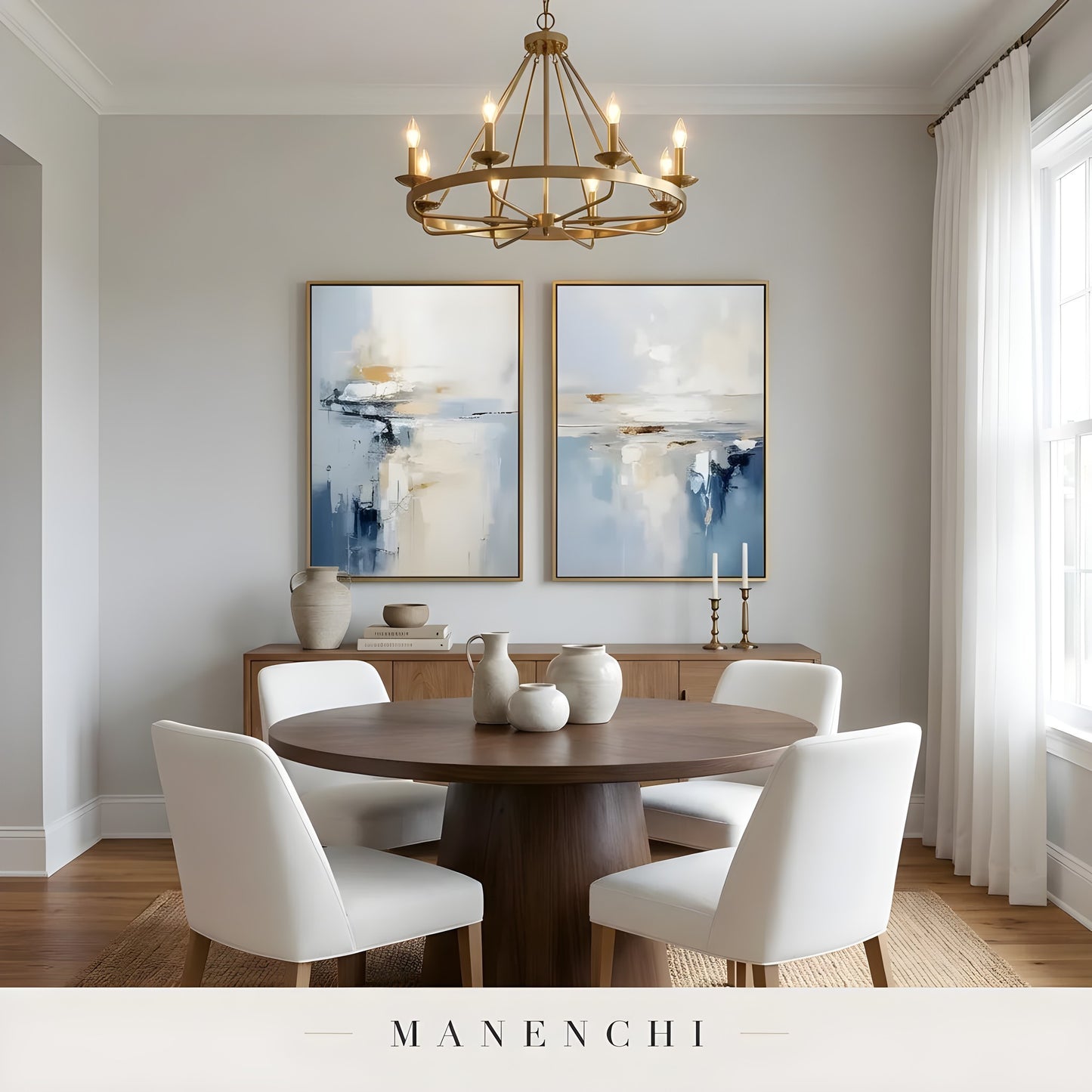 Coastal Horizon Diptych abstract painting displayed in dining room interior