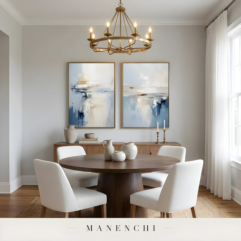 Coastal Horizon Diptych abstract painting displayed in dining room interior