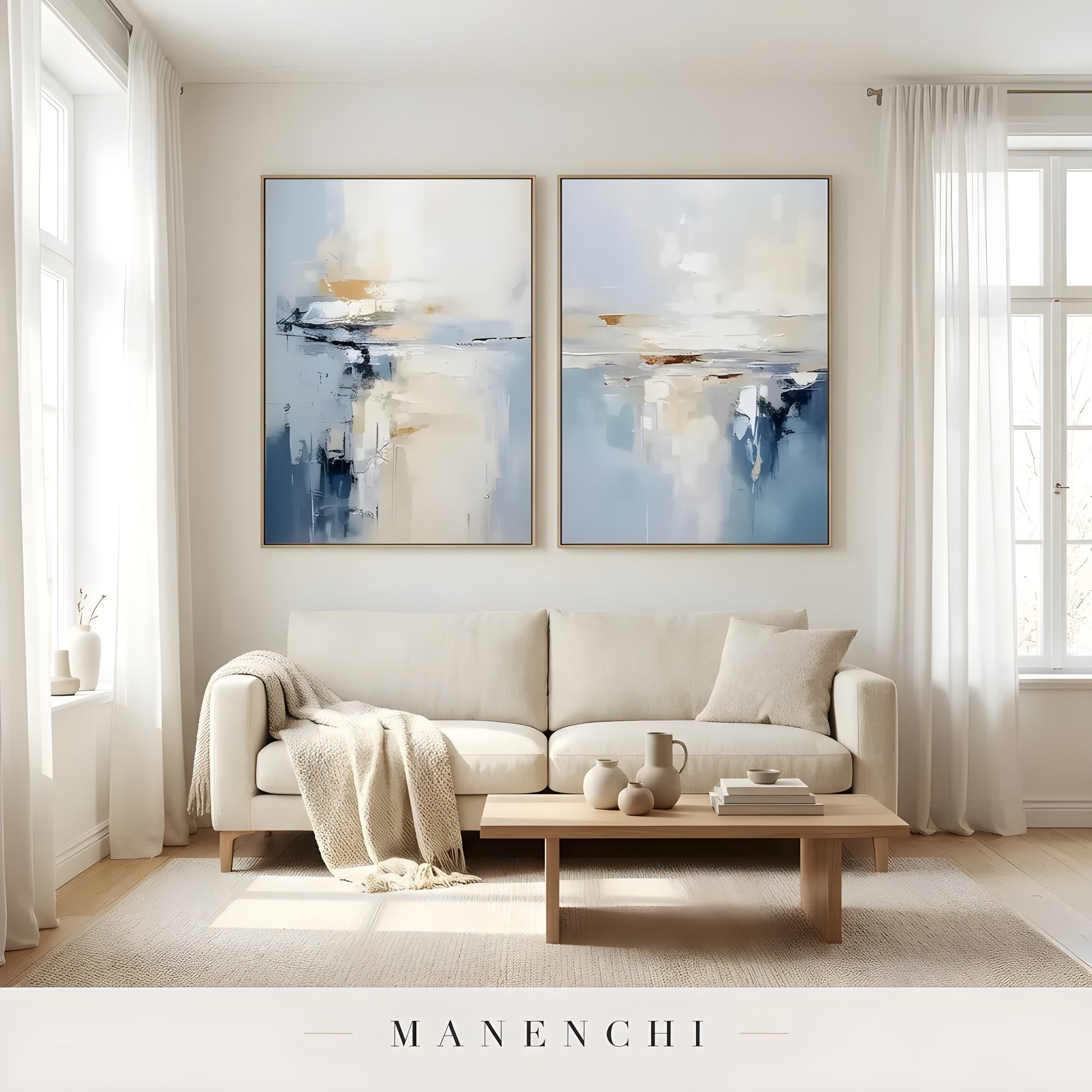 Coastal Horizon Diptych abstract painting displayed in living room sofa decor