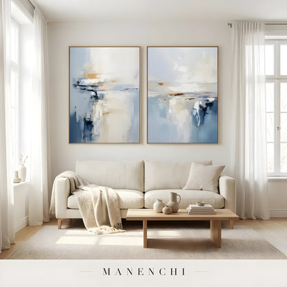 Coastal Horizon Diptych abstract painting displayed in living room sofa decor