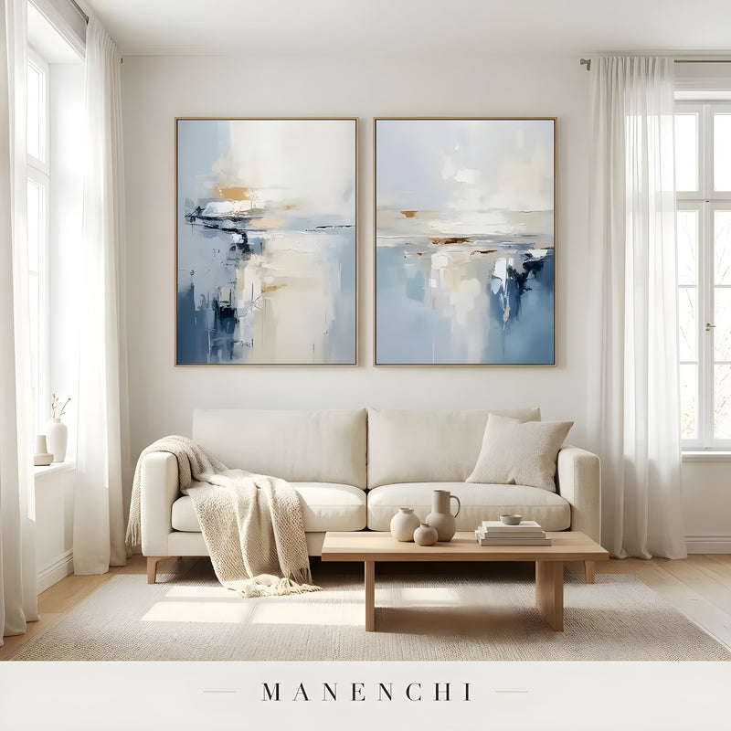 Coastal Horizon Diptych abstract painting displayed in living room sofa decor