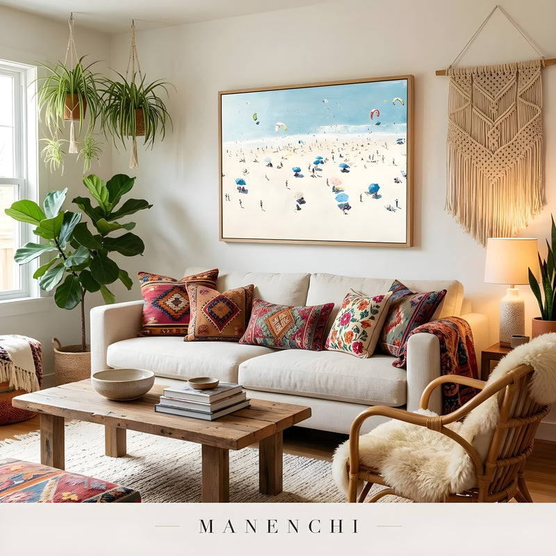 Coastal Leisure Vista abstract painting displayed in eclectic living room